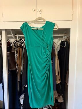 Ralph Lauren Emerald Green Ruched Faux-Wrap Midi Dress